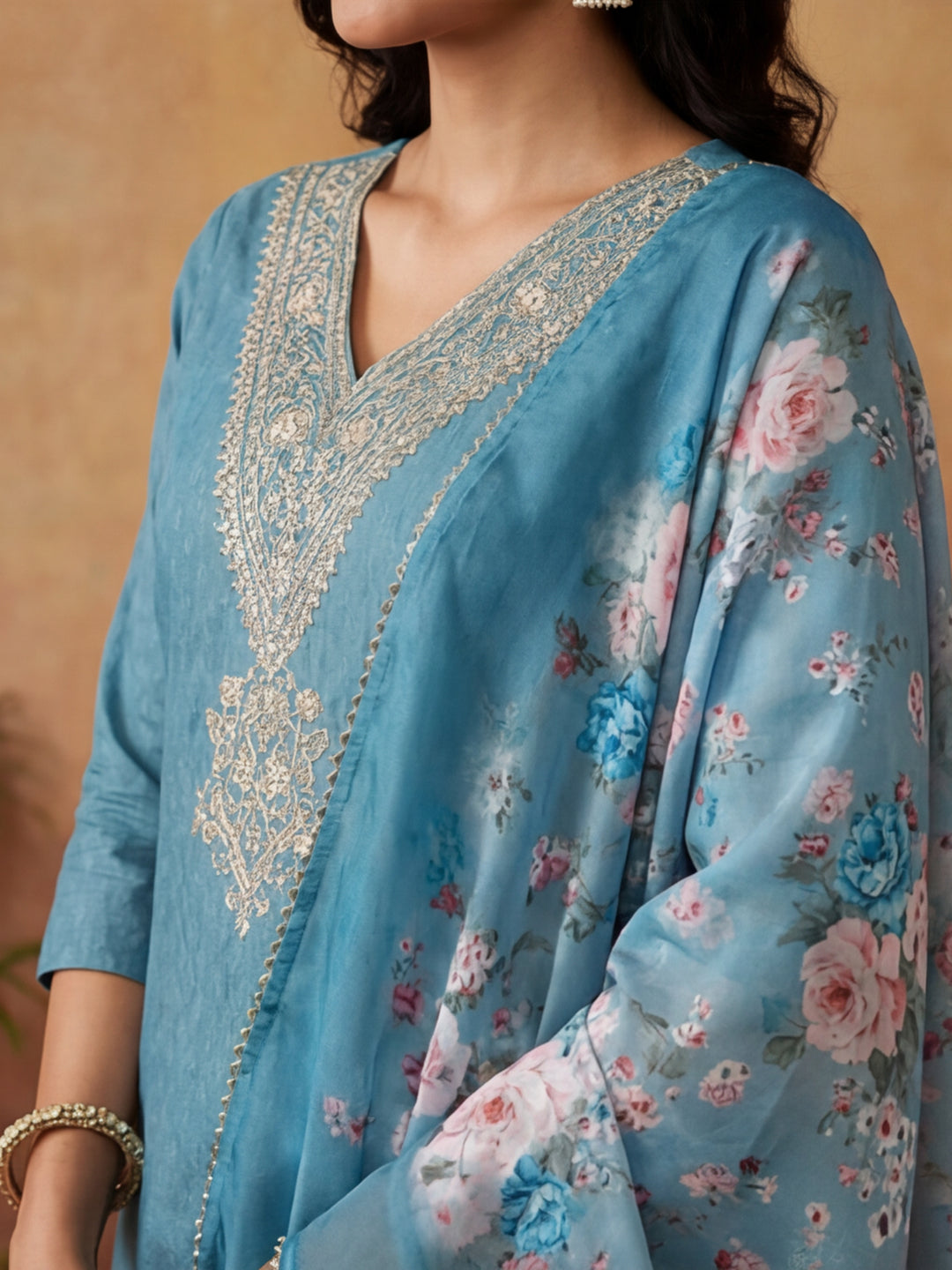 Solid Embroidered Straight Kurta & Trousers Sets