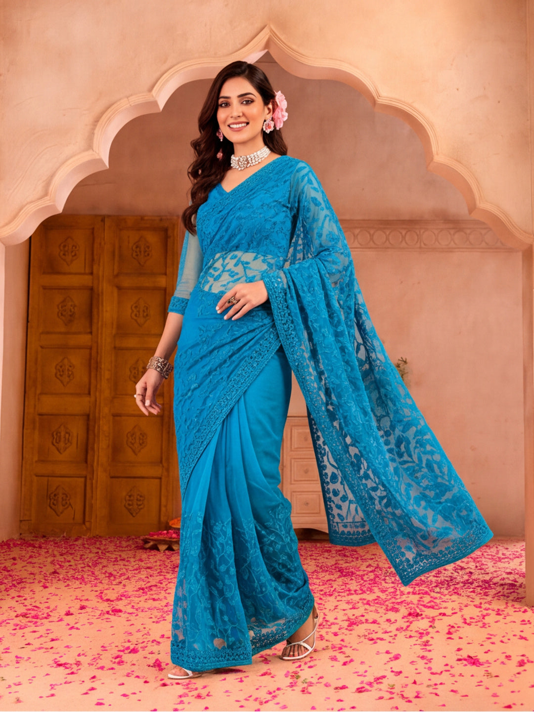 Blue Beery Embroidered Work Net Saree with Floral Design