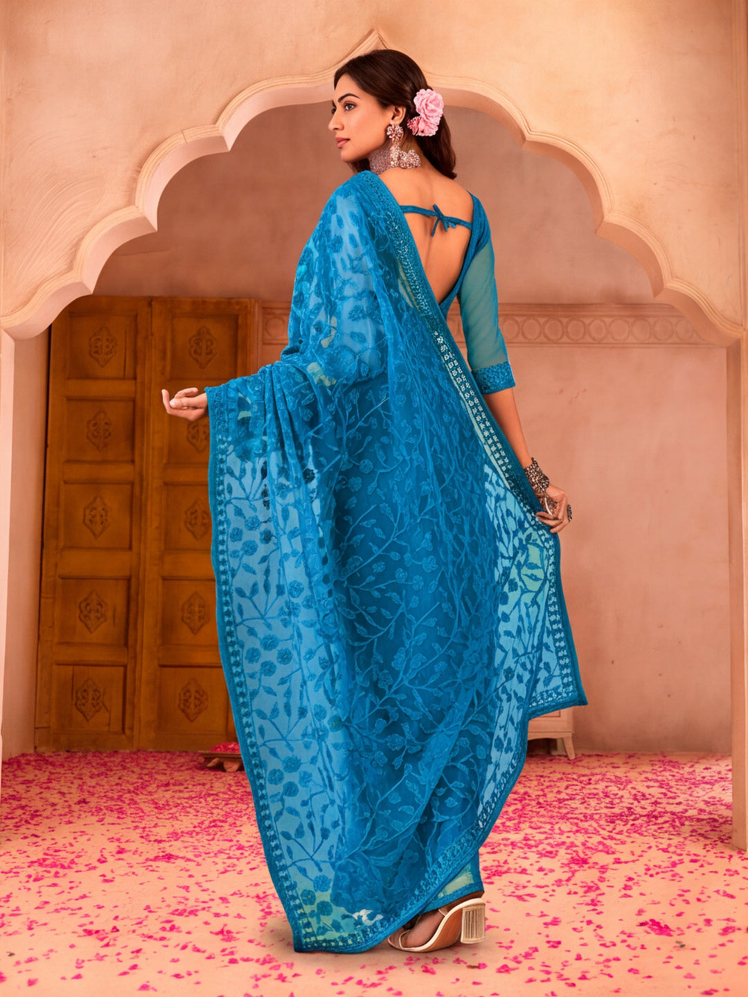 Blue Beery Embroidered Work Net Saree with Floral Design