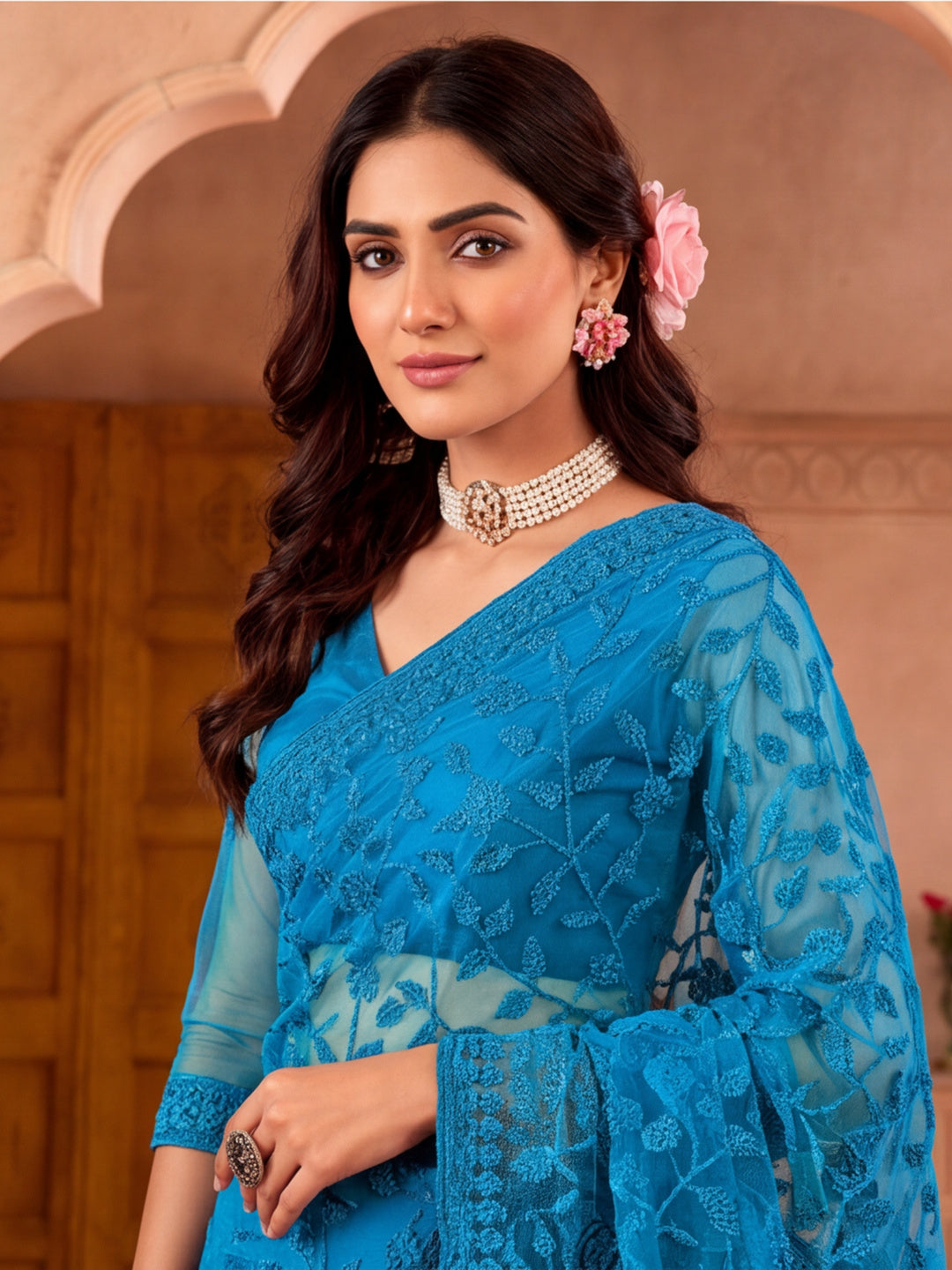 Blue Beery Embroidered Work Net Saree with Floral Design