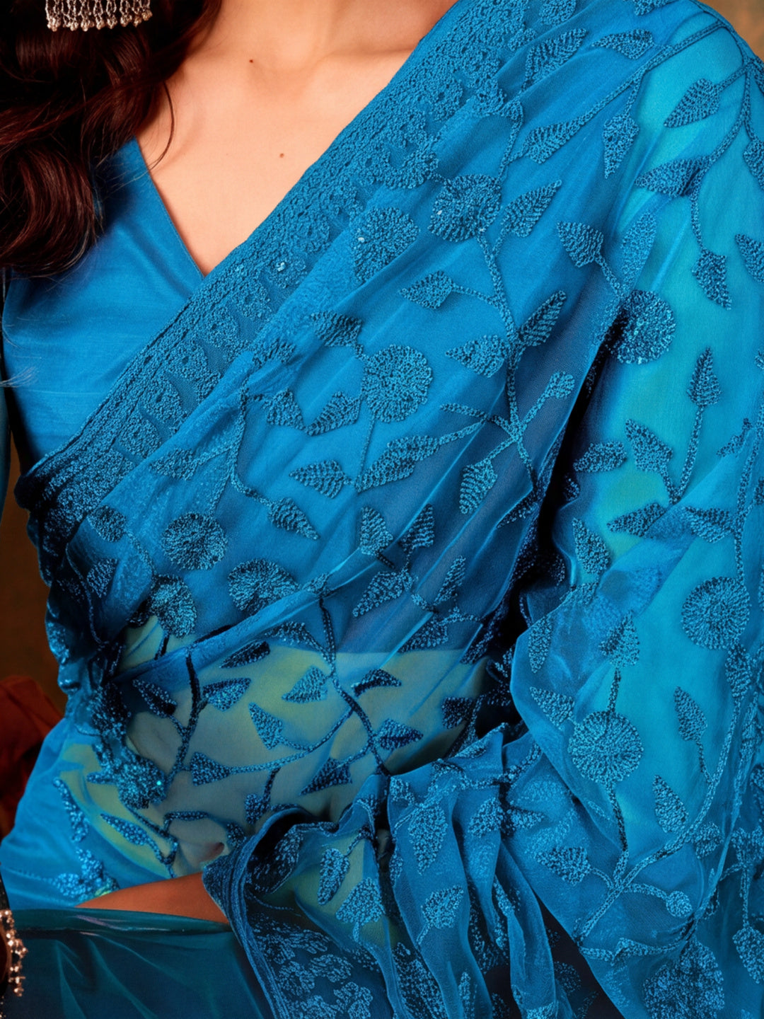 Blue Beery Embroidered Work Net Saree with Floral Design