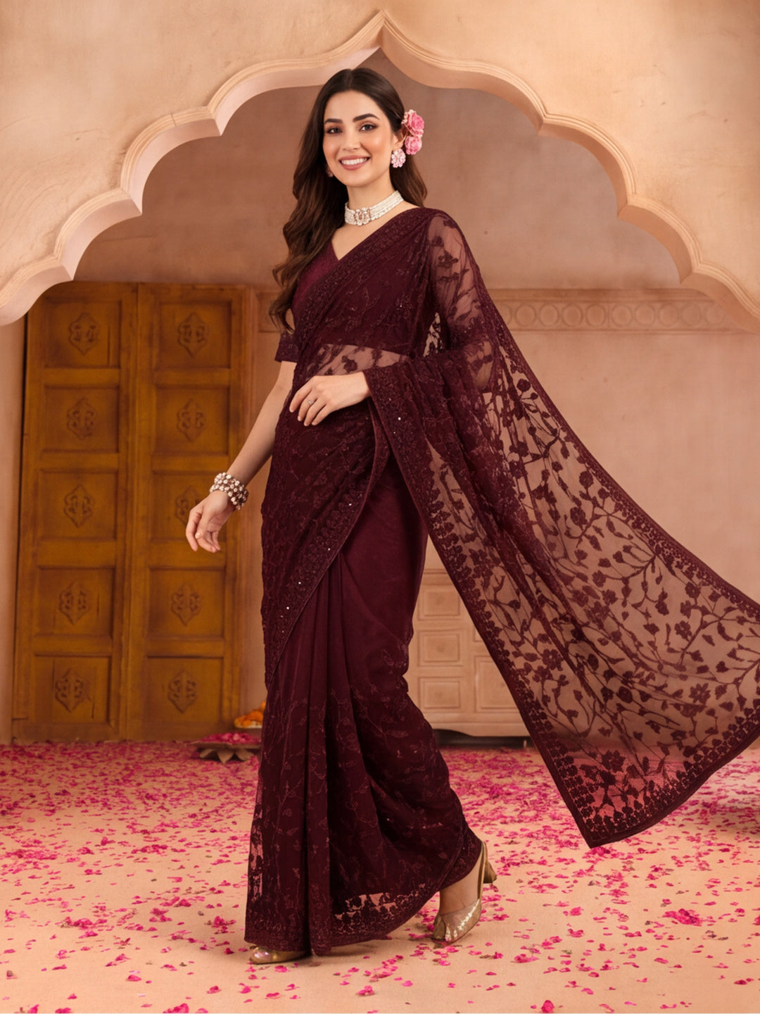 Burgundy Embroidered Work Net Saree with Floral Design