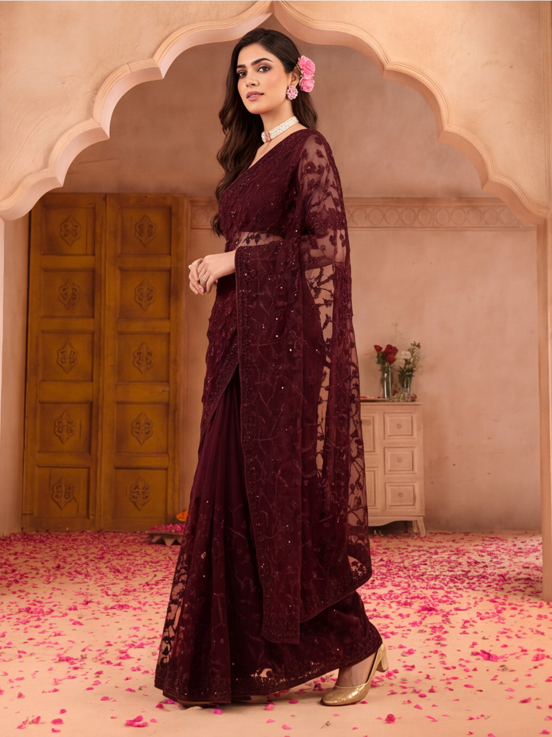 Burgundy Embroidered Work Net Saree with Floral Design