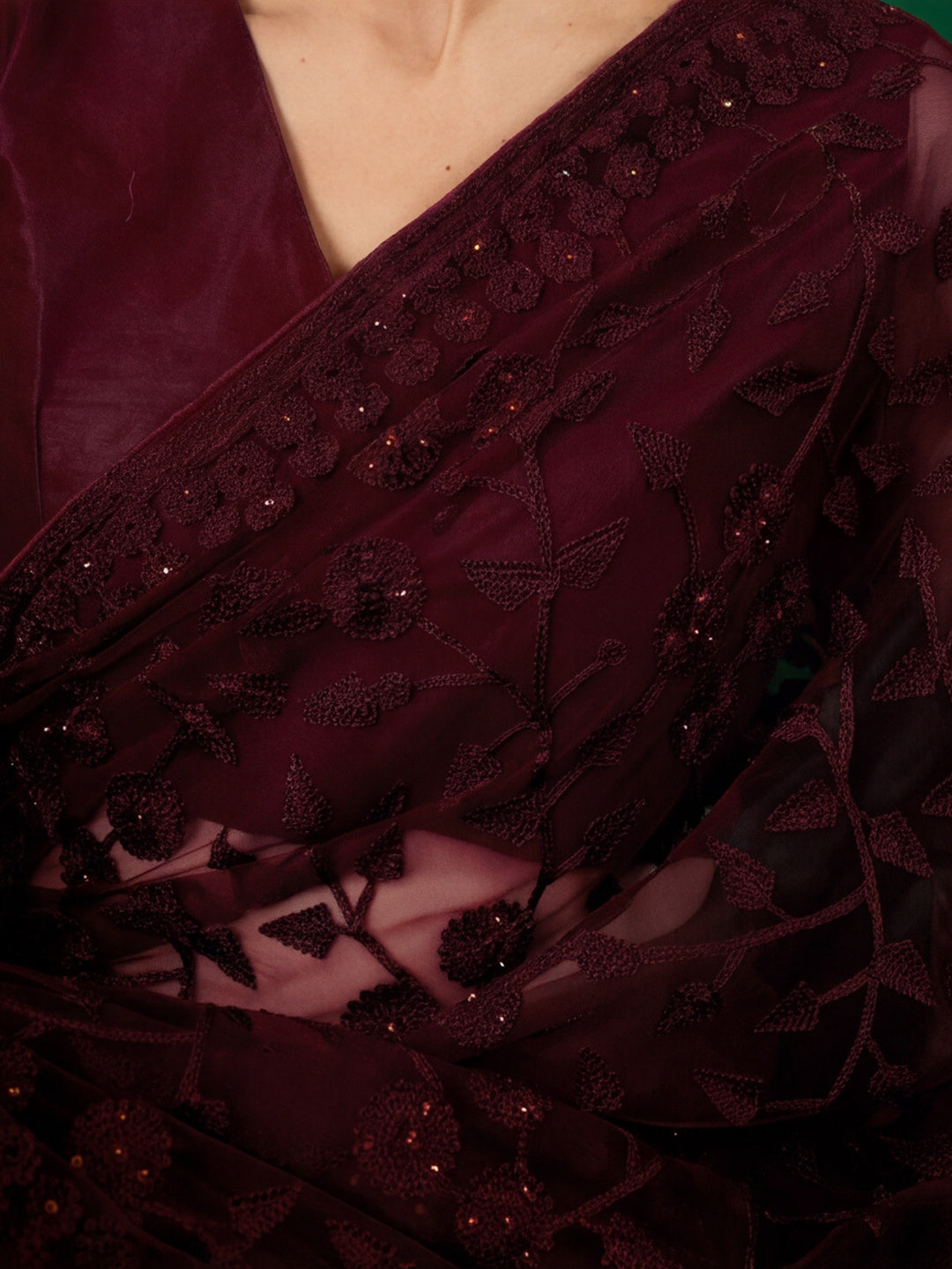 Burgundy Embroidered Work Net Saree with Floral Design