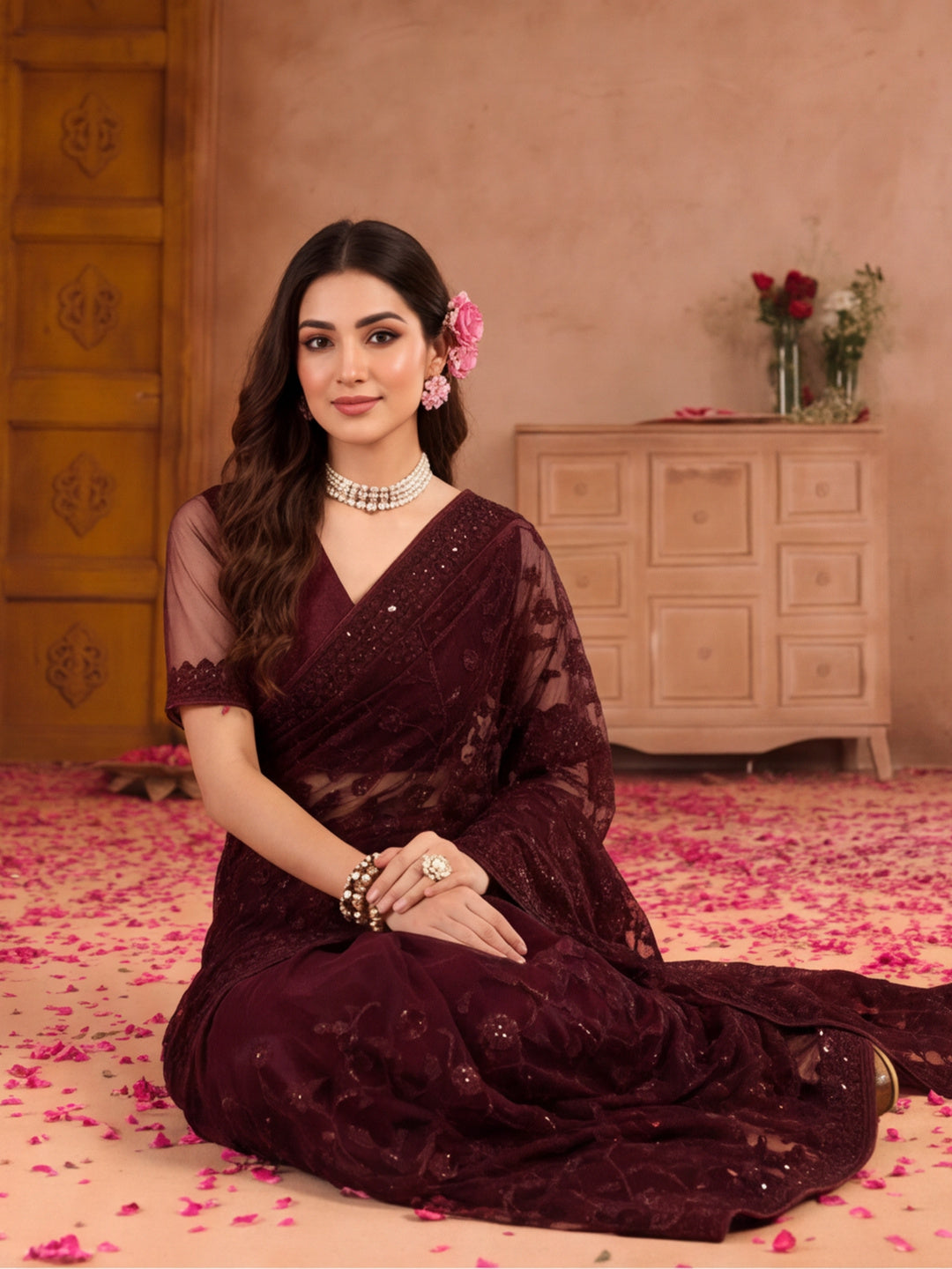 Burgundy Embroidered Work Net Saree with Floral Design