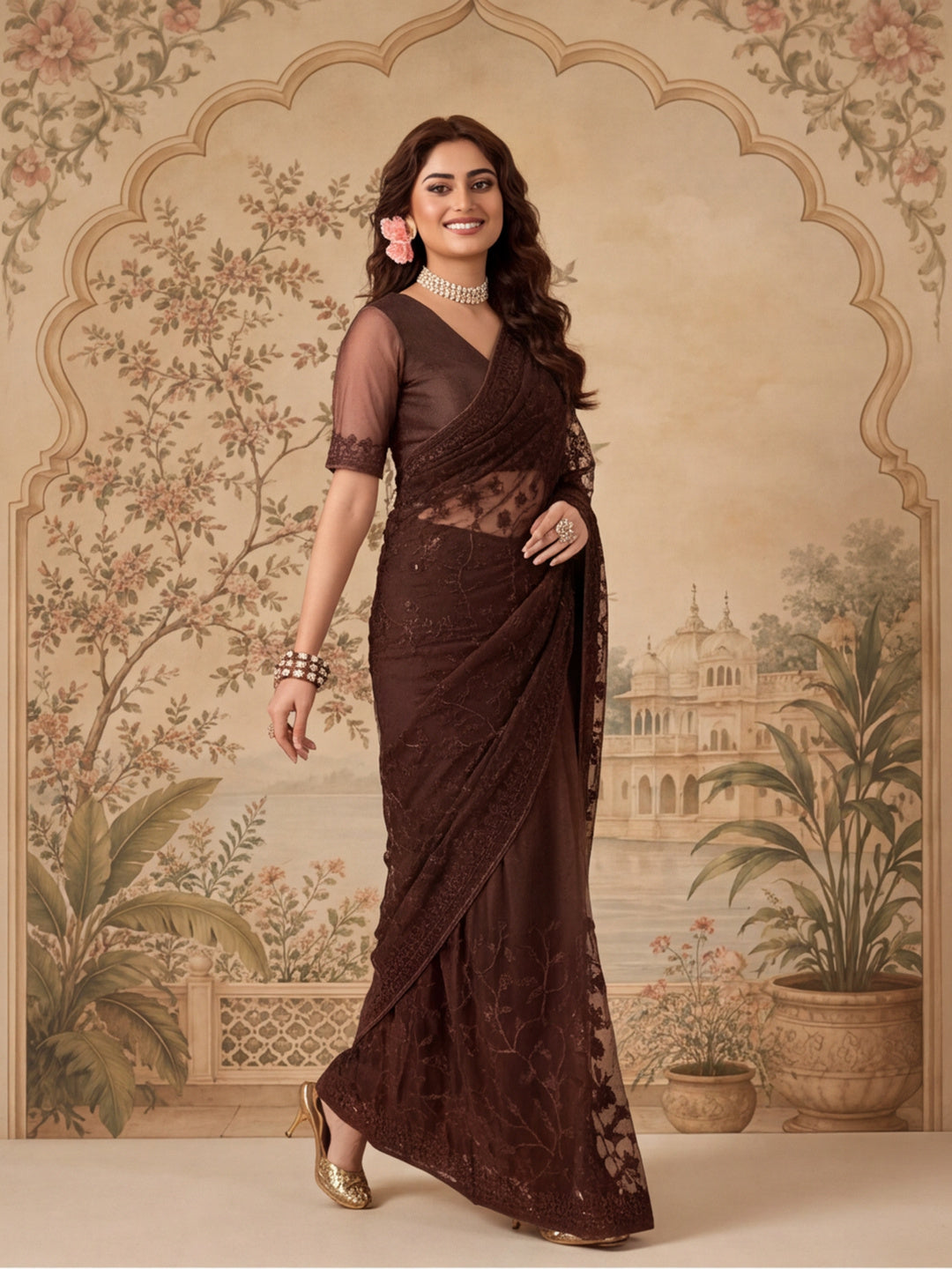 Coffee Embroidered Work Net Saree with Floral Design