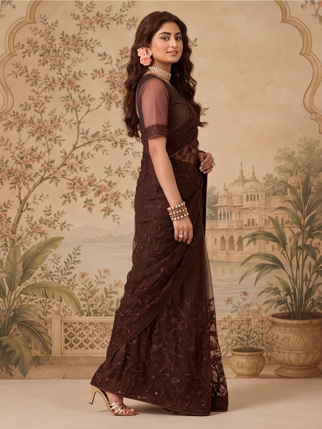 Coffee Embroidered Work Net Saree with Floral Design