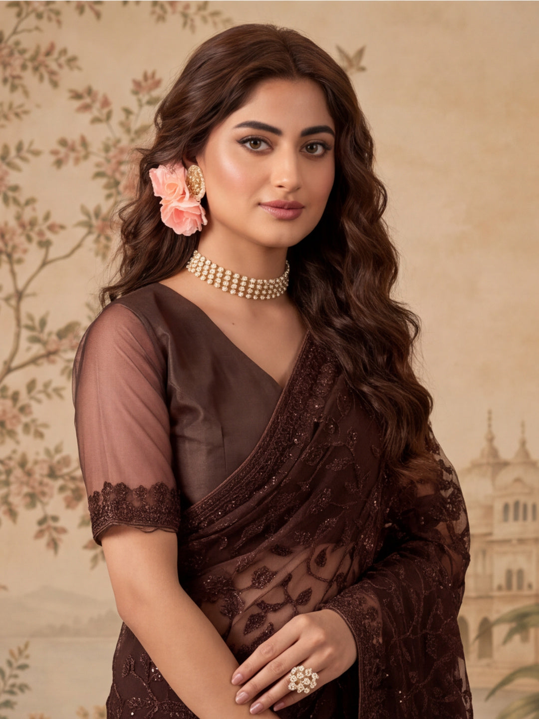 Coffee Embroidered Work Net Saree with Floral Design