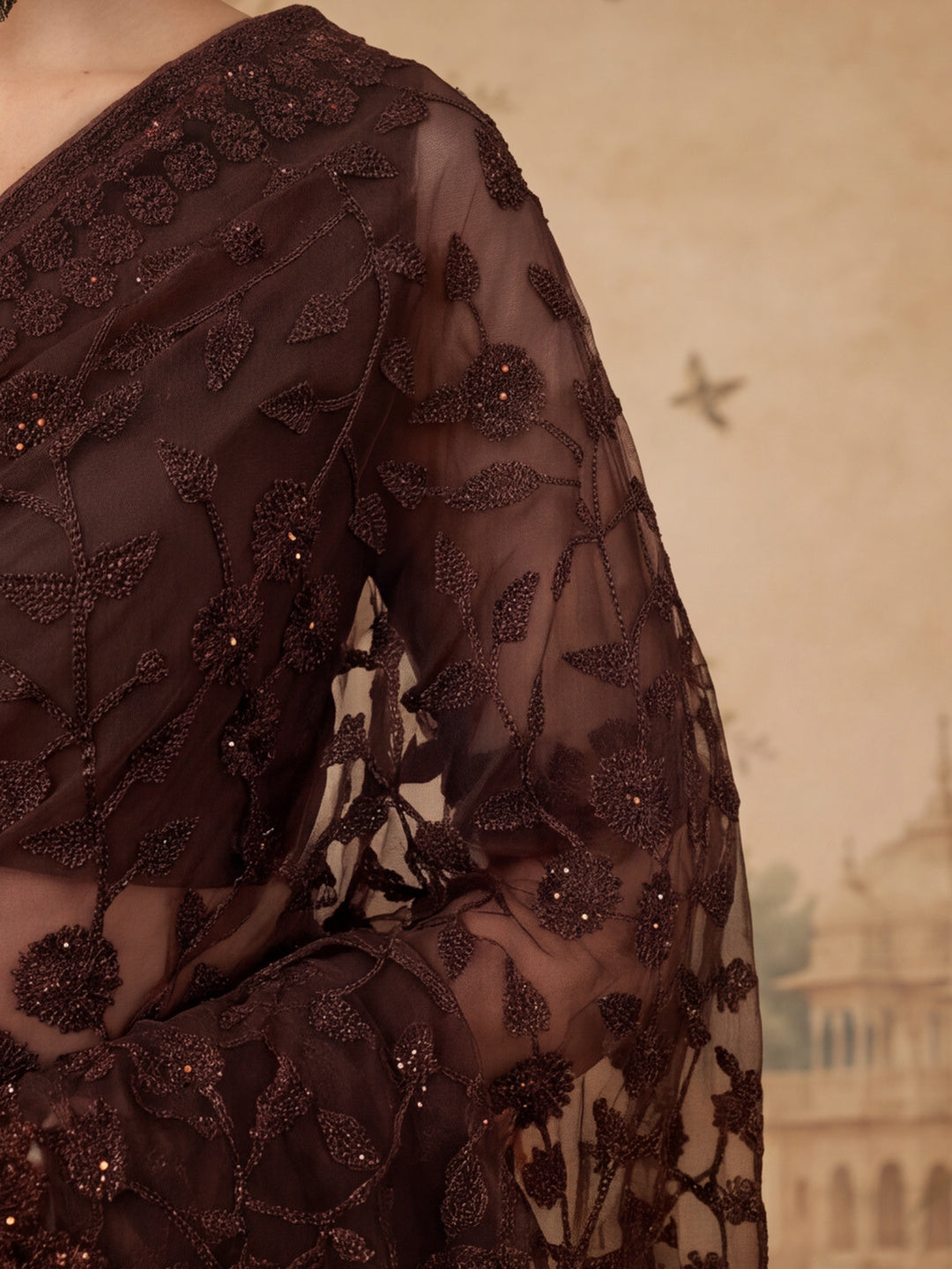 Coffee Embroidered Work Net Saree with Floral Design