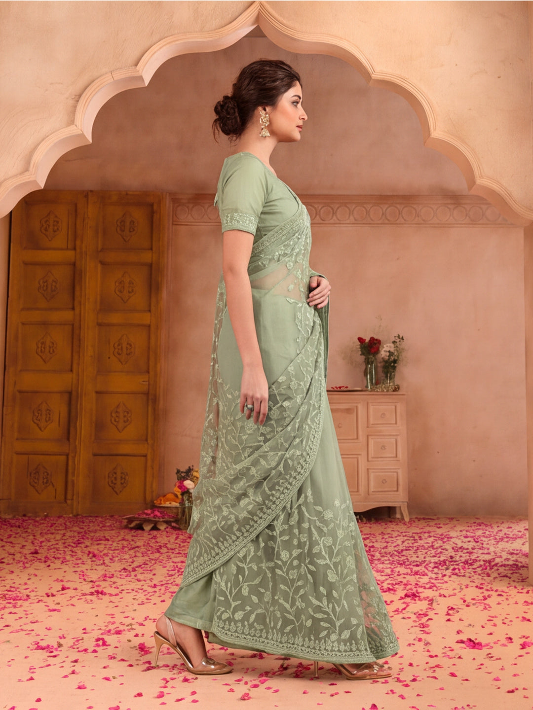 Light Olive Embroidered Work Net Saree with Floral Design