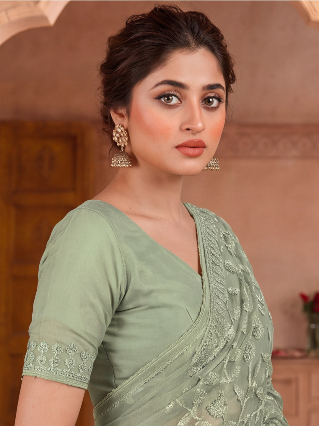 Light Olive Embroidered Work Net Saree with Floral Design