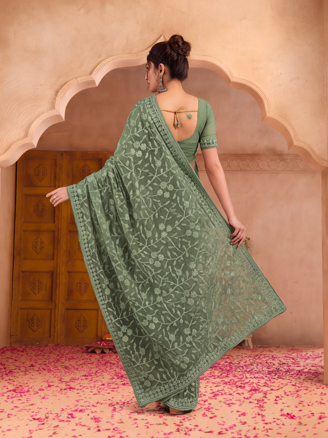 Olive Embroidered Work Net Saree with Floral Design