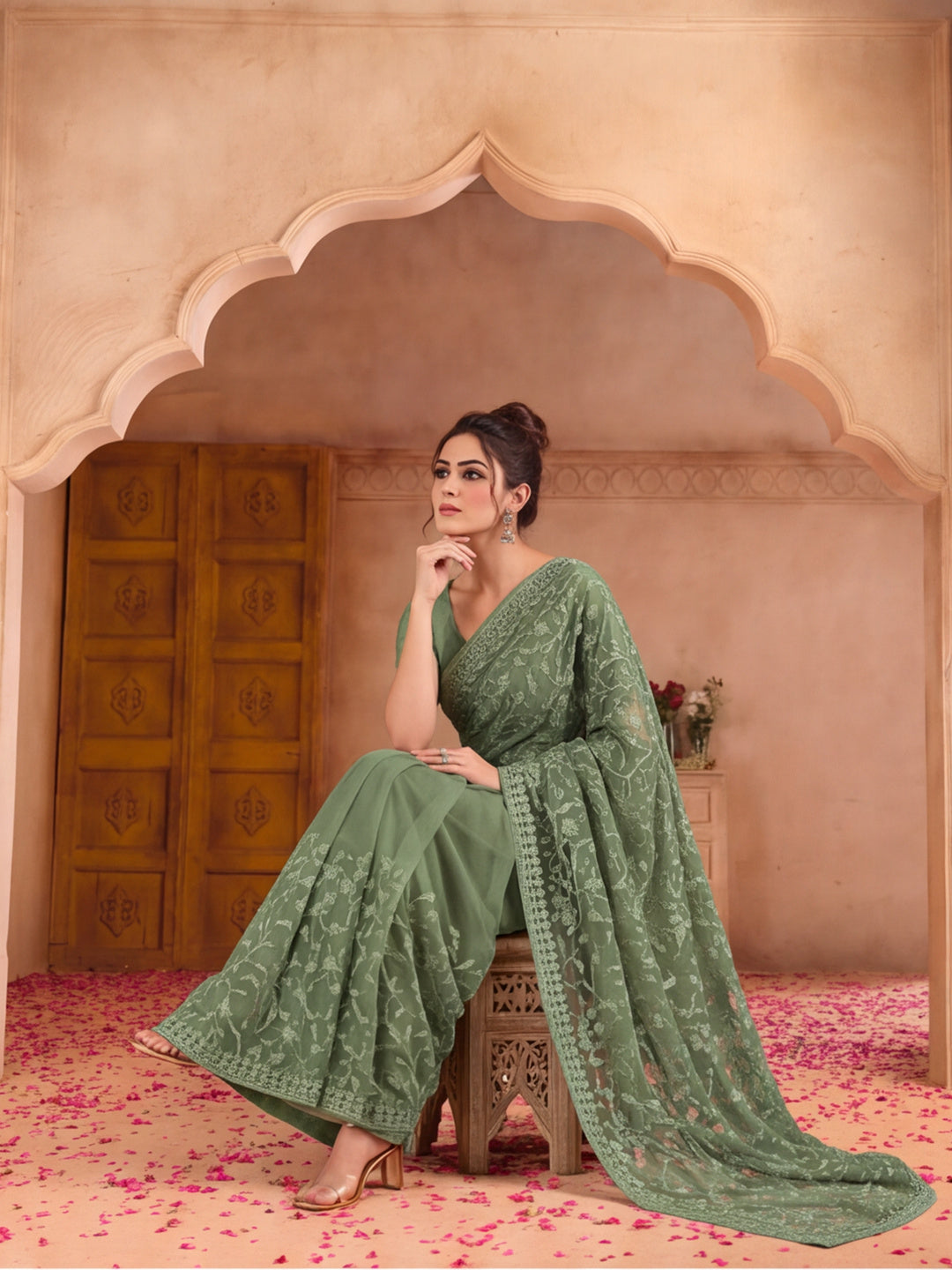 Olive Embroidered Work Net Saree with Floral Design