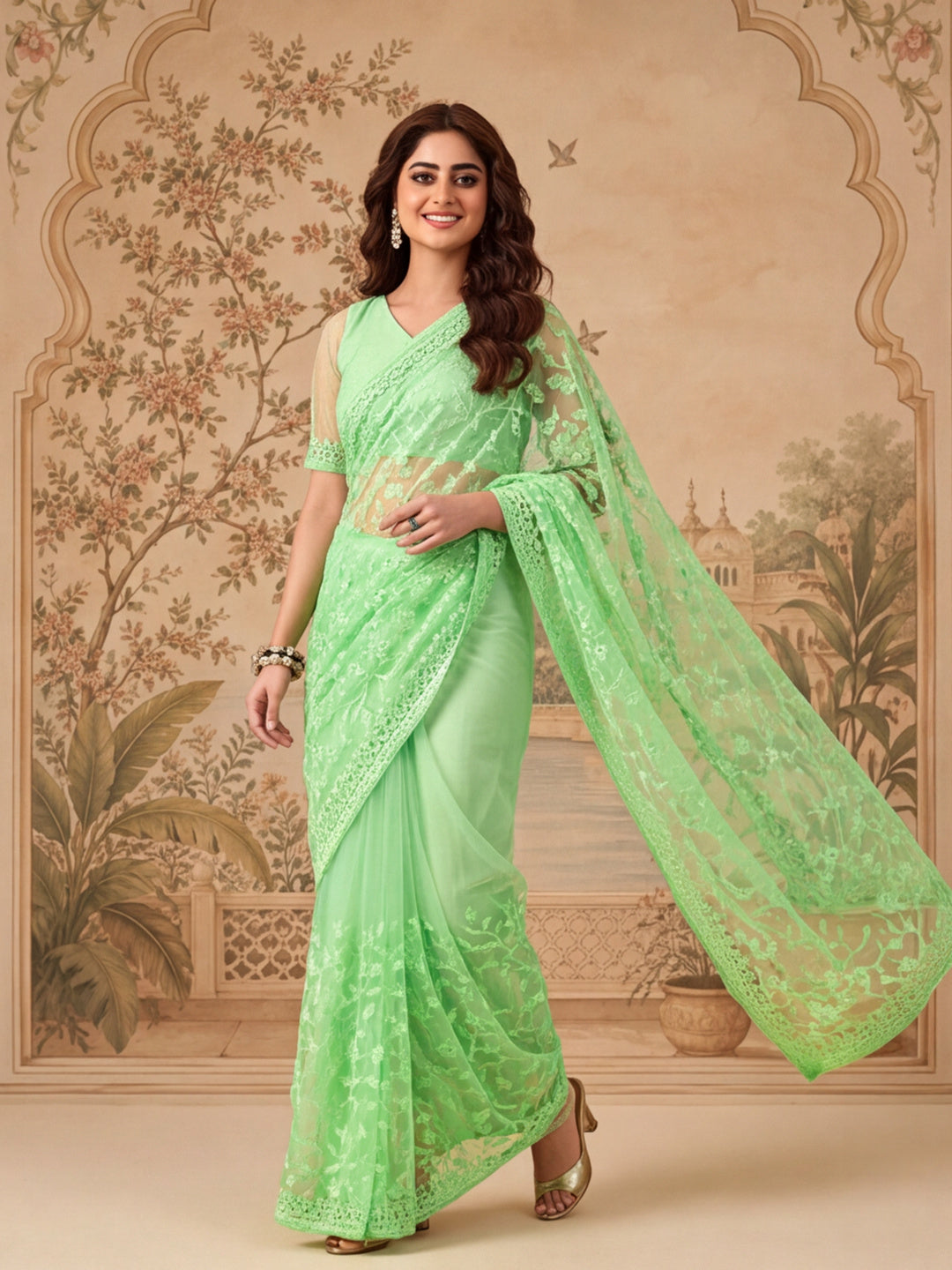 Pastel Green Work Net Saree with Floral Design