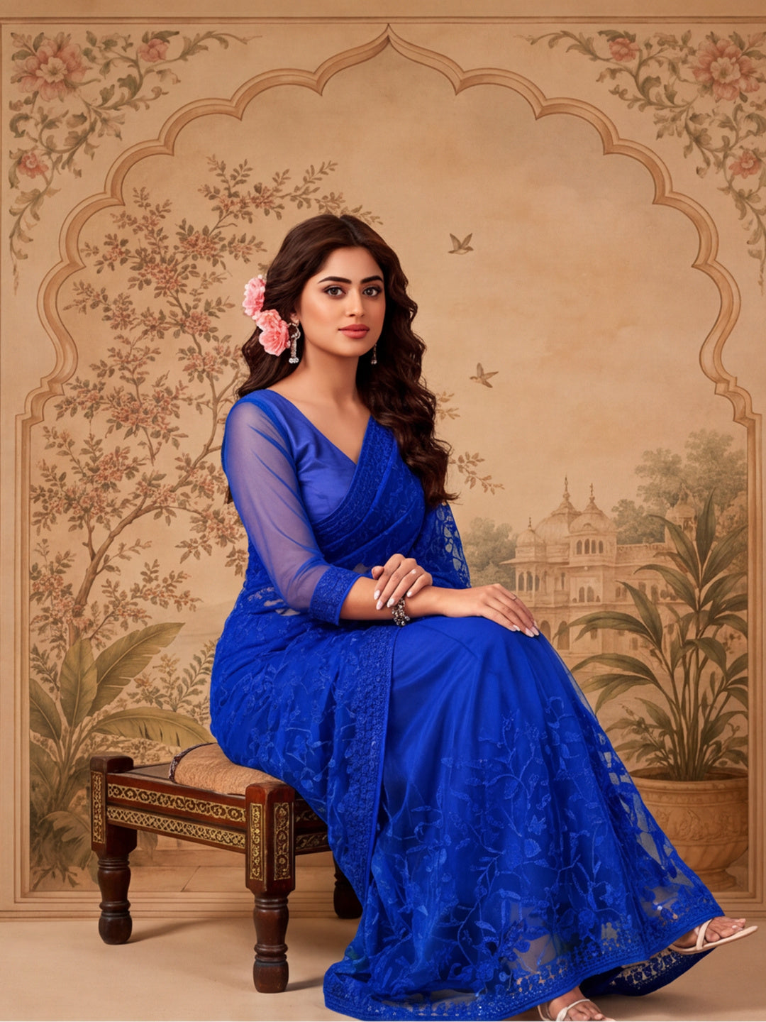 Royal Blue Work Net Saree with Floral Design