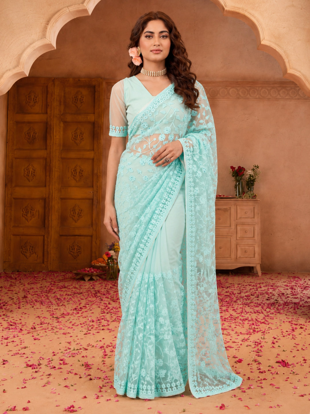 Sky Blue Work Net Saree with Floral Design