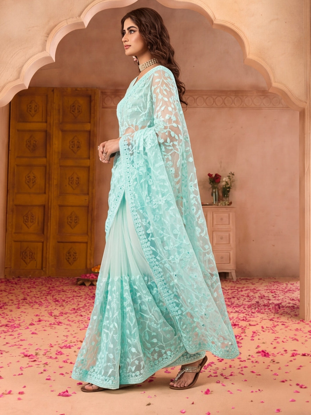 Sky Blue Work Net Saree with Floral Design