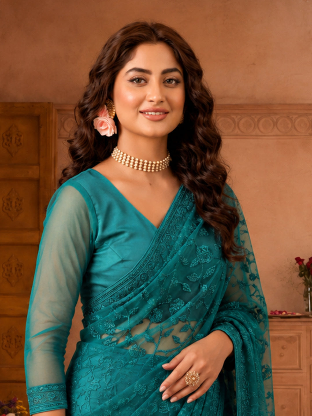 Teal Blue Work Net Saree with Floral Design