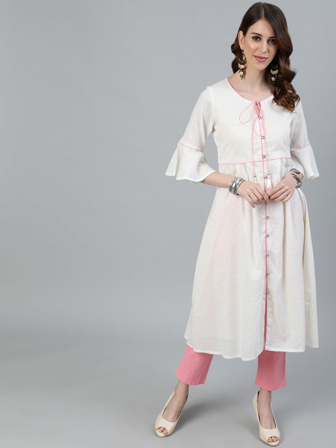 White And Pink Solid A-Line Cotton Kurta