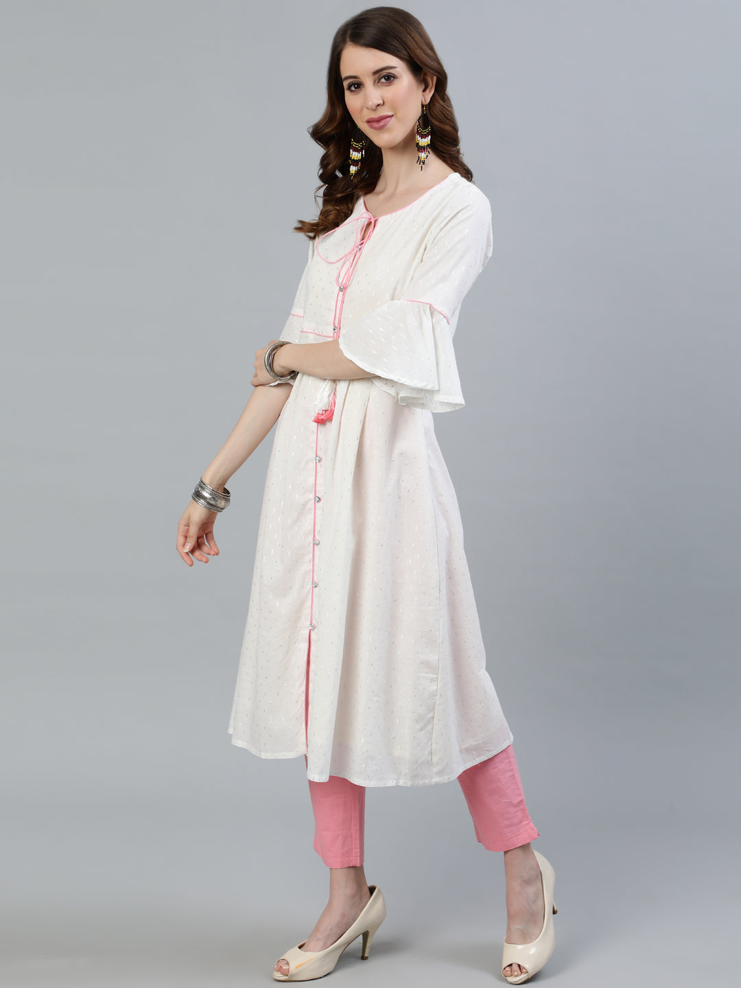 White And Pink Solid A-Line Cotton Kurta