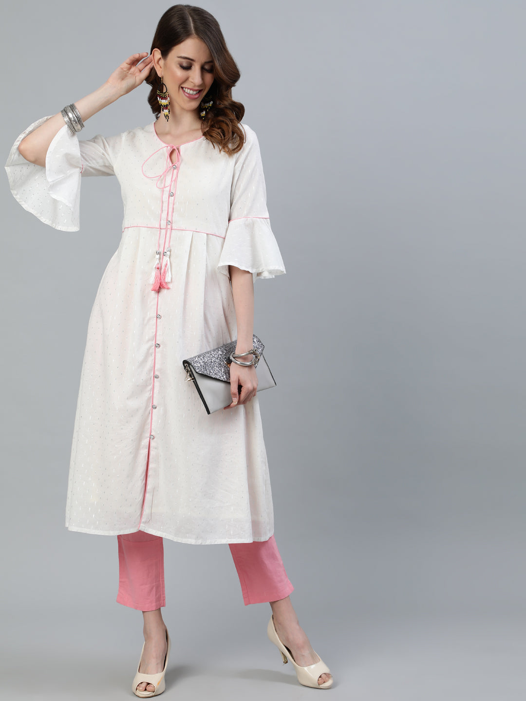 White And Pink Solid A-Line Cotton Kurta