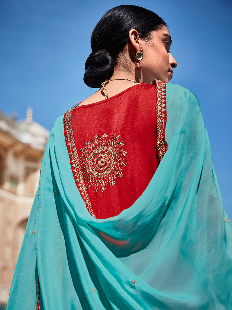Red Zari Work Floor Length Anarkali Kurta With Sea Green Organza Embellished Dupatta