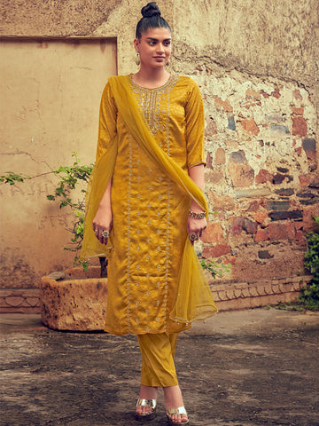 Mustard Embellished Silk Kurta With Silk Blend Pants And Net Embellished  Dupatta