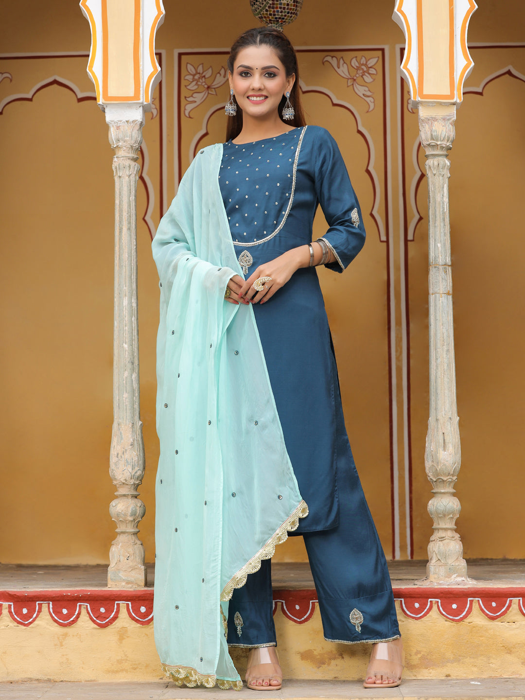 Teal Embroidered Straight Kurta With Palazzo And Dupatta