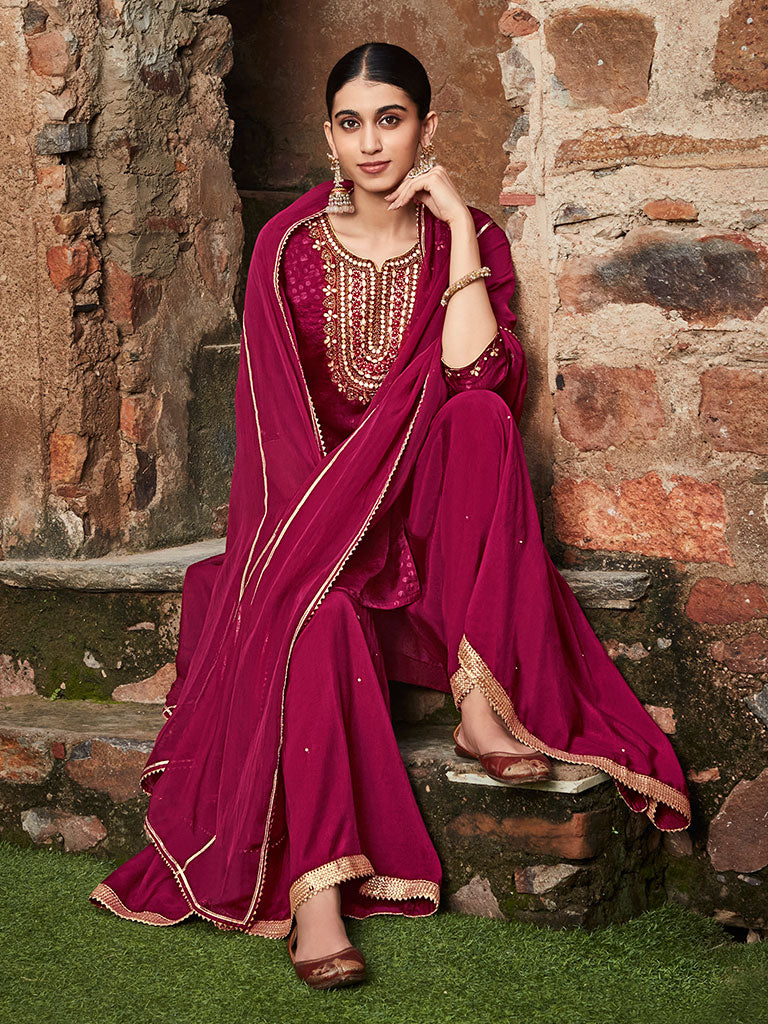 Maroon Straight Embroirdery Silk Kurta With Sharara And Organza Dupatta