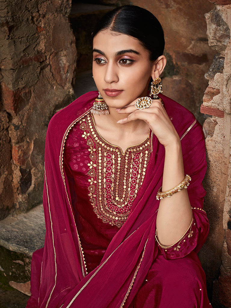 Maroon Straight Embroirdery Silk Kurta With Sharara And Organza Dupatta