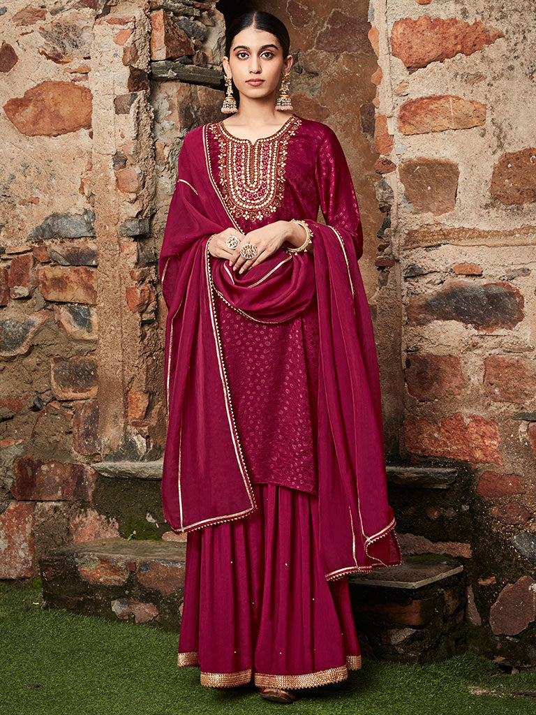 Maroon Straight Embroirdery Silk Kurta With Sharara And Organza Dupatta