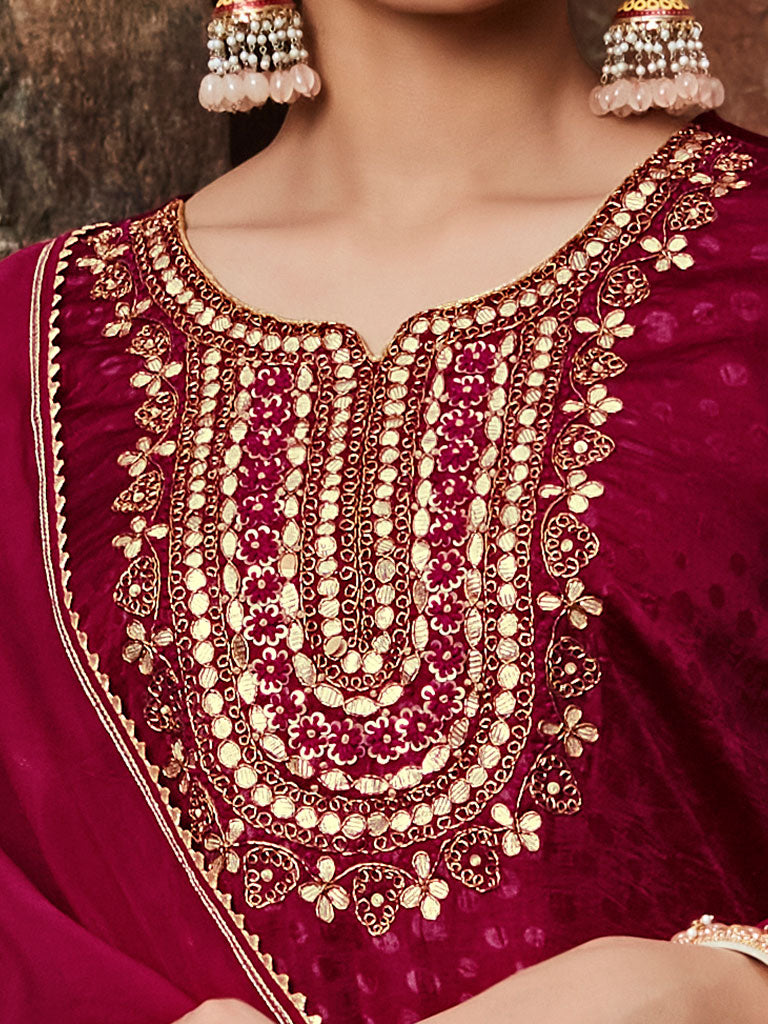 Maroon Straight Embroirdery Silk Kurta With Sharara And Organza Dupatta