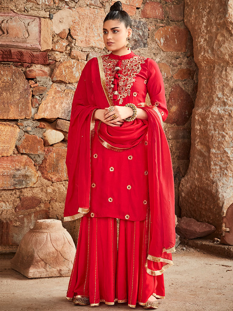 Inddus Women Red Ethnic Motifs Embroidered Regular Sequinned Kurta with  Sharara & With Dupatta - Absolutely Desi