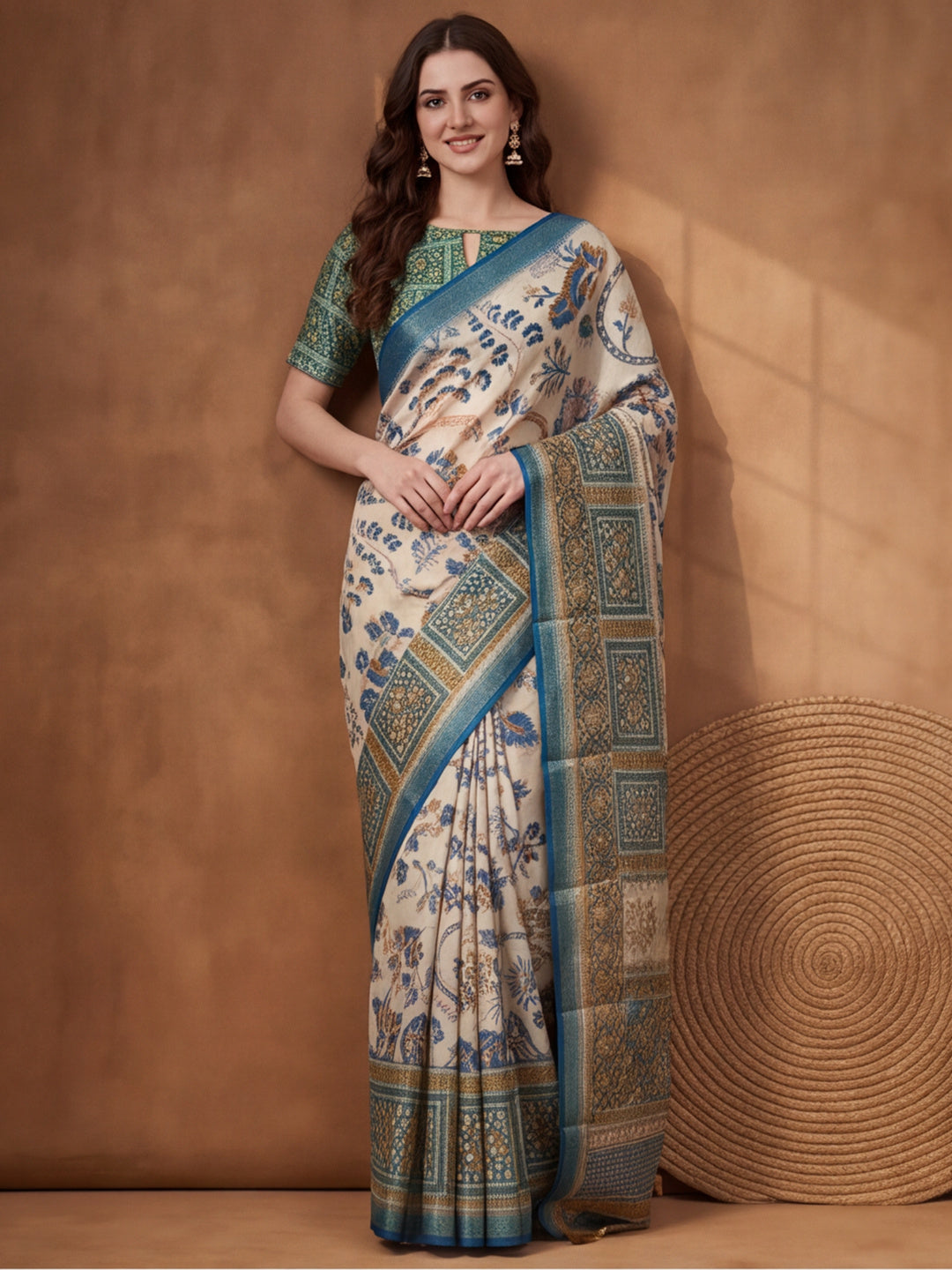 Jaipur Kurti Women Blue Digital Printed Saree With Tasselled Border