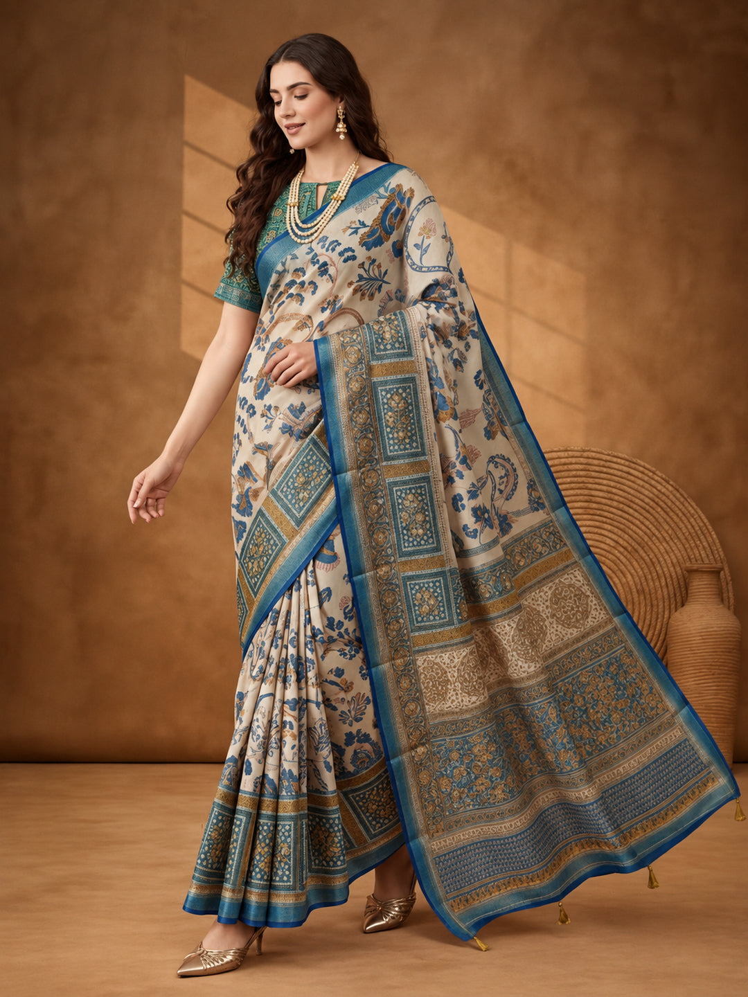 Jaipur Kurti Women Blue Digital Printed Saree With Tasselled Border