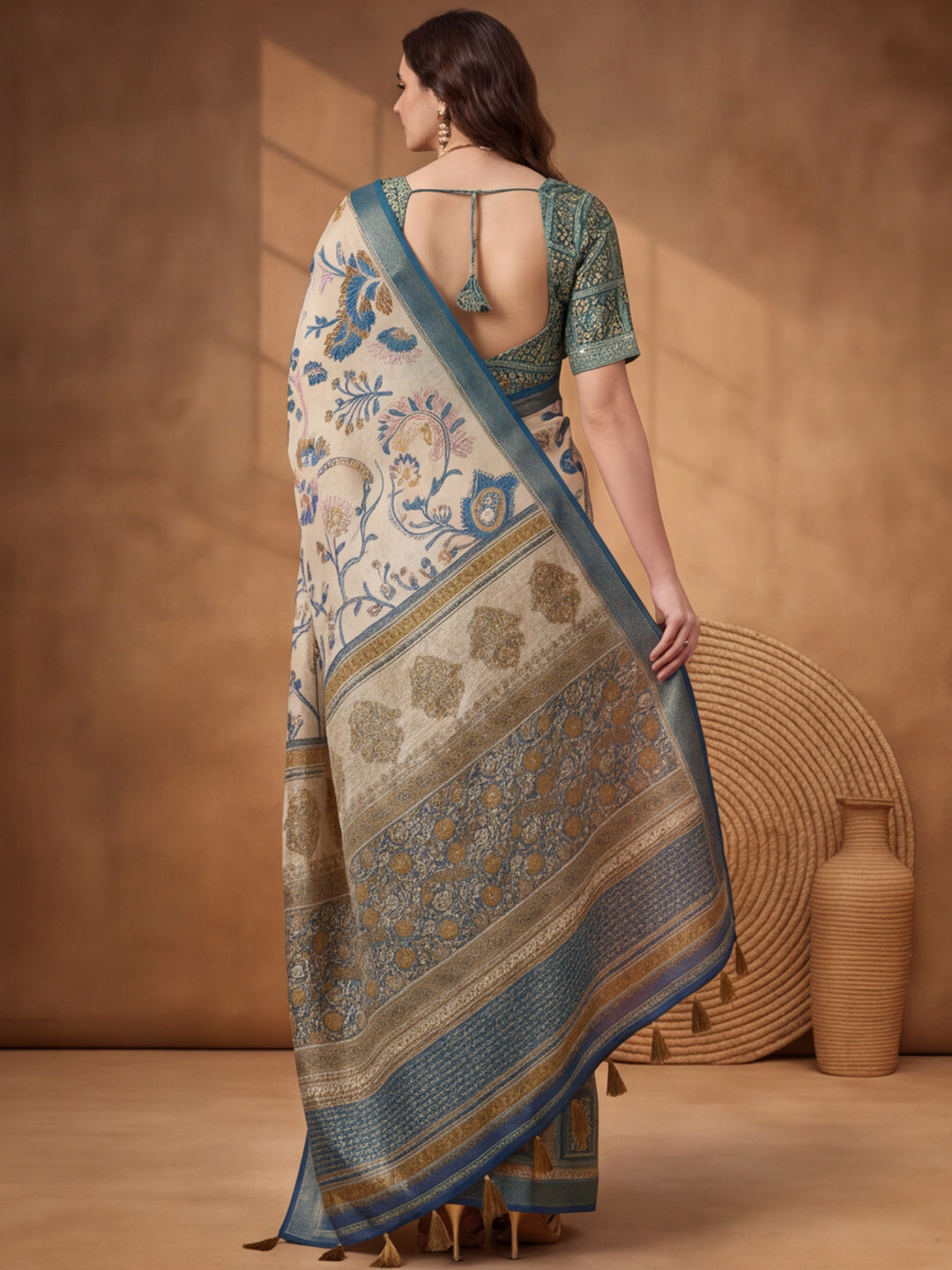 Jaipur Kurti Women Blue Digital Printed Saree With Tasselled Border