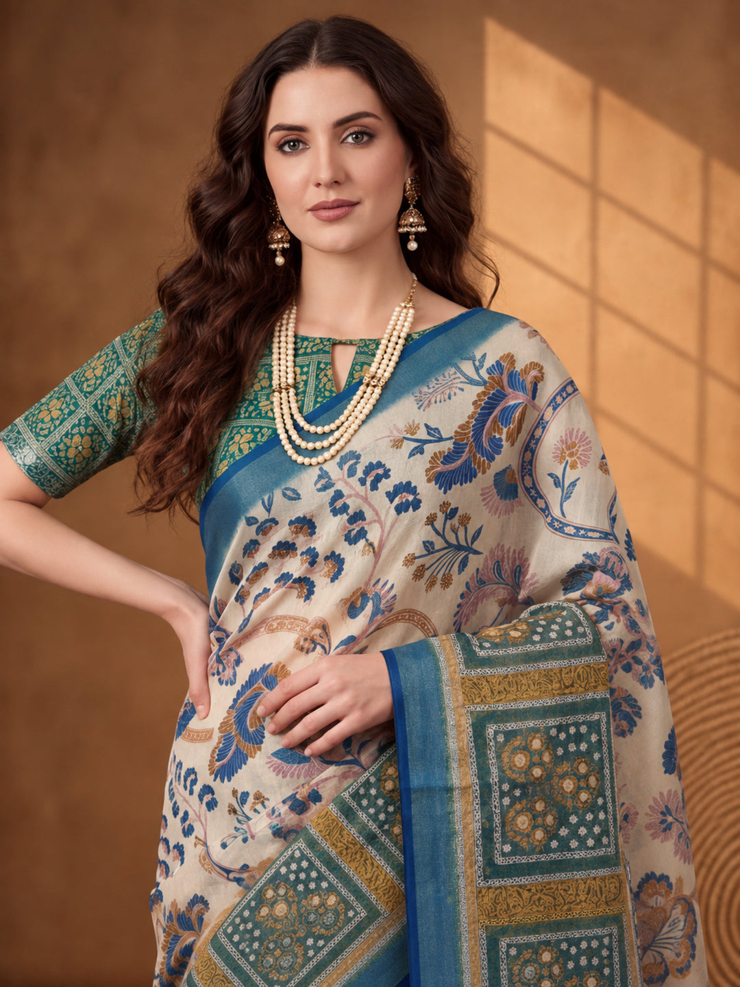 Jaipur Kurti Women Blue Digital Printed Saree With Tasselled Border
