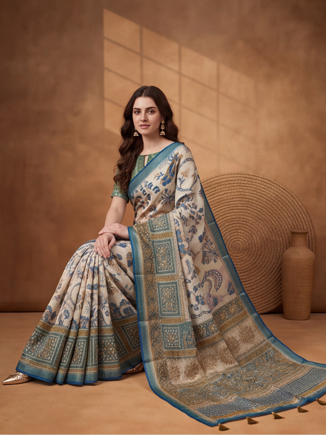 Jaipur Kurti Women Blue Digital Printed Saree With Tasselled Border