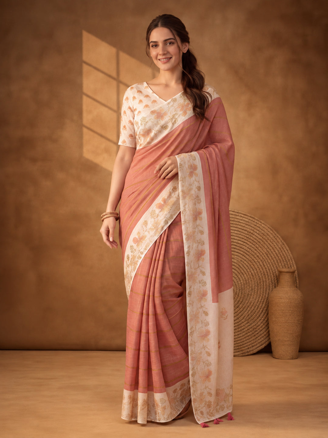 Jaipur Kurti Women Pink Digital Printed Saree With Tasselled Border