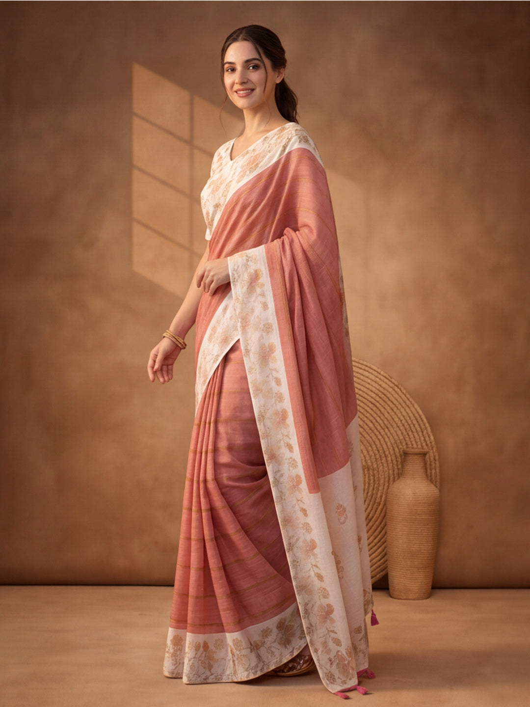 Jaipur Kurti Women Pink Digital Printed Saree With Tasselled Border
