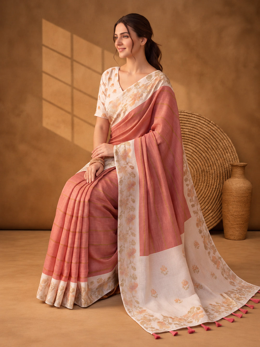 Jaipur Kurti Women Pink Digital Printed Saree With Tasselled Border