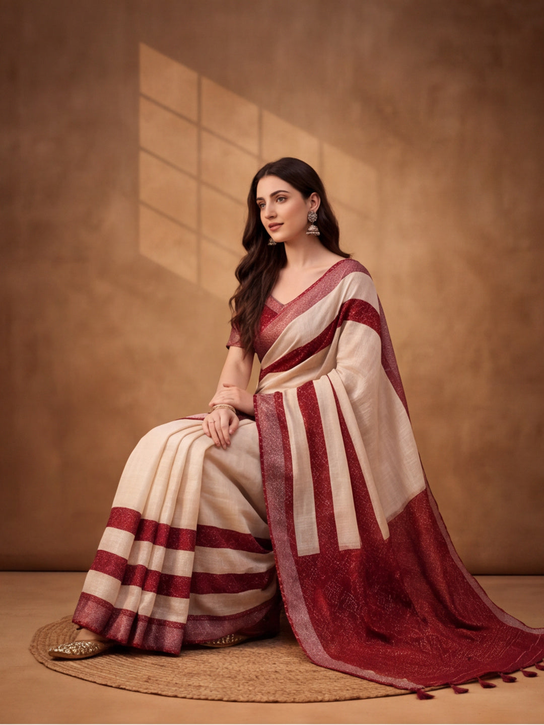 Jaipur Kurti Women Off White Digital Printed Saree With Tasselled Border