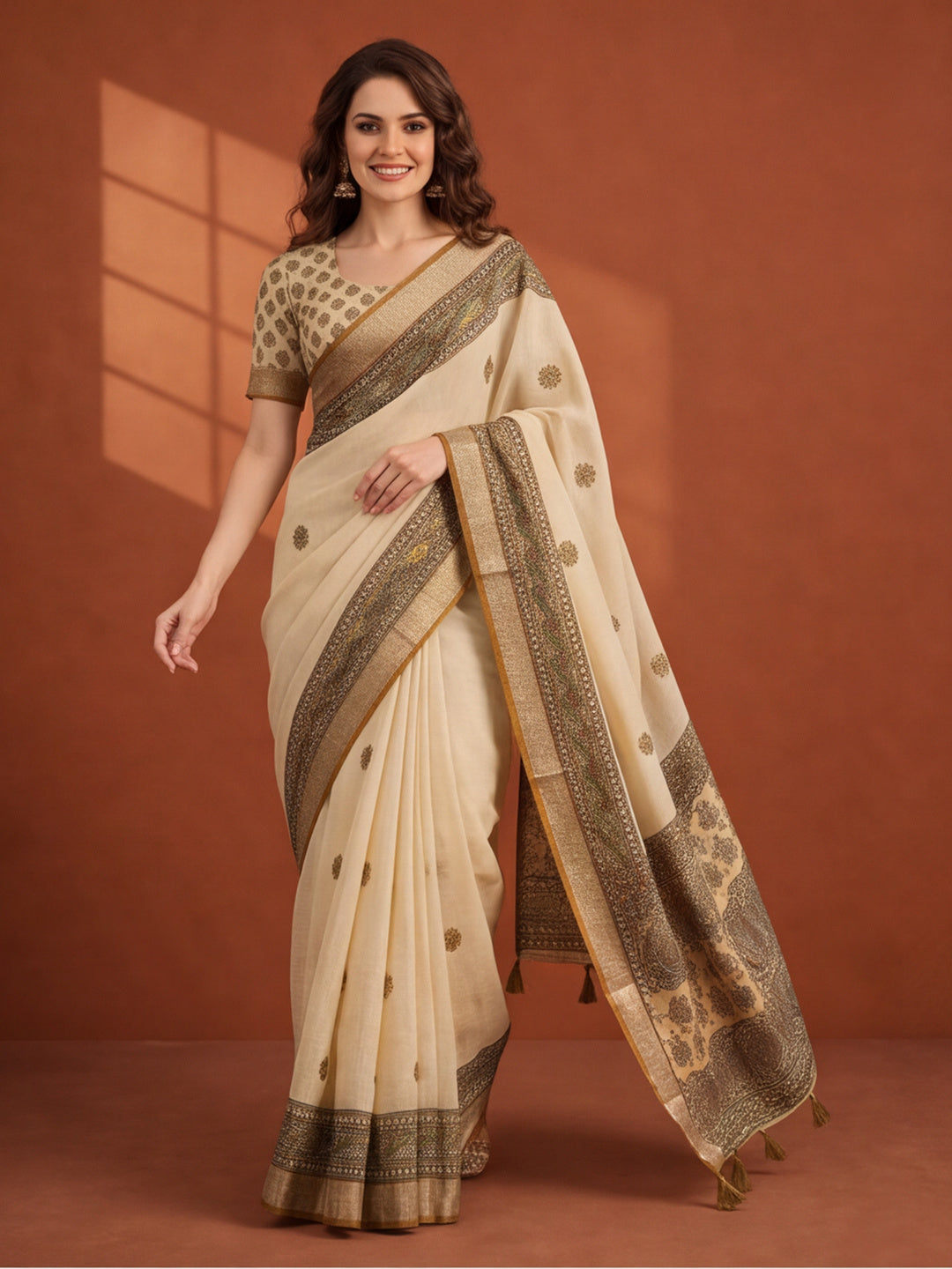 Jaipur Kurti Women Beige Digital Printed Saree With Tasselled Border