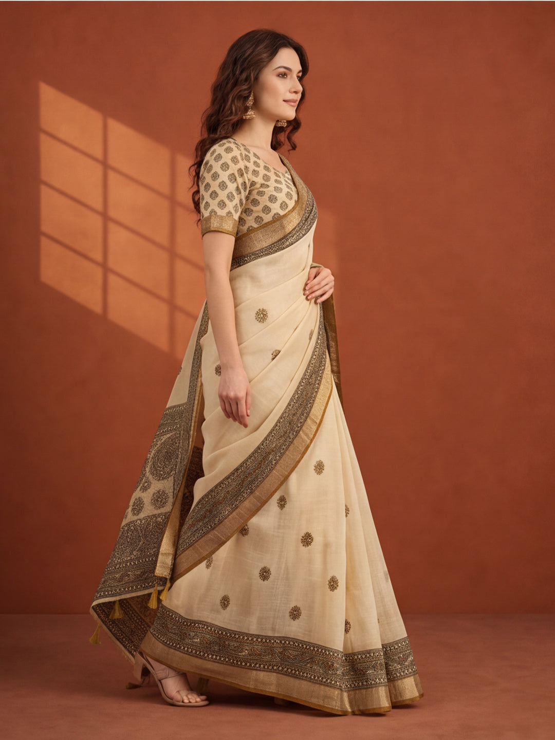 Jaipur Kurti Women Beige Digital Printed Saree With Tasselled Border