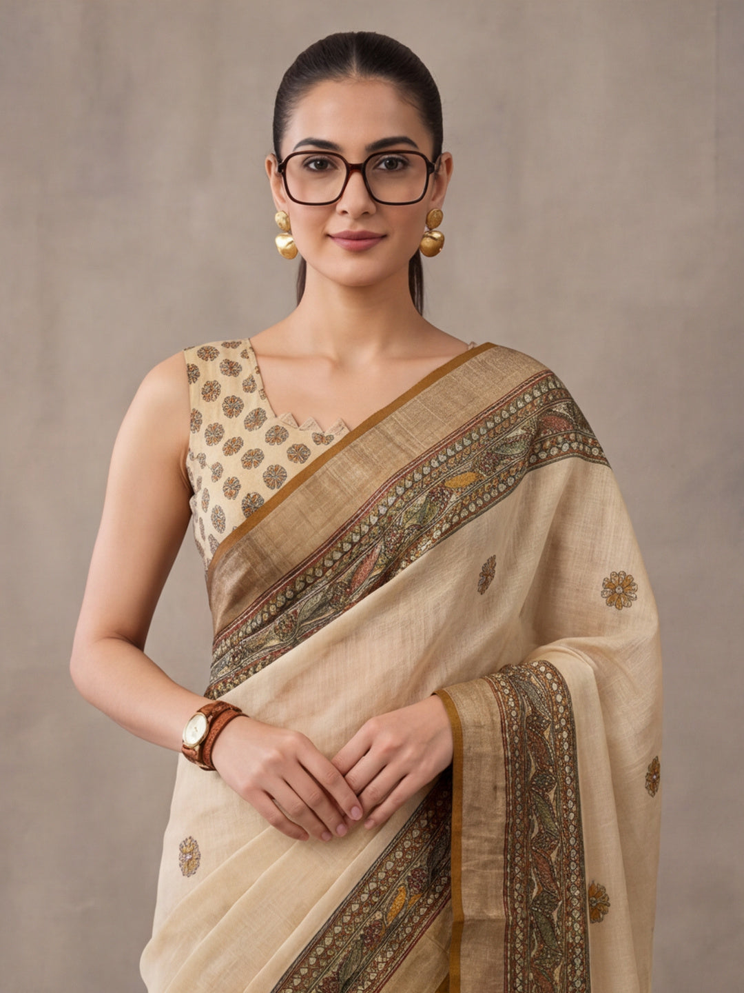 Jaipur Kurti Women Beige Digital Printed Saree With Tasselled Border