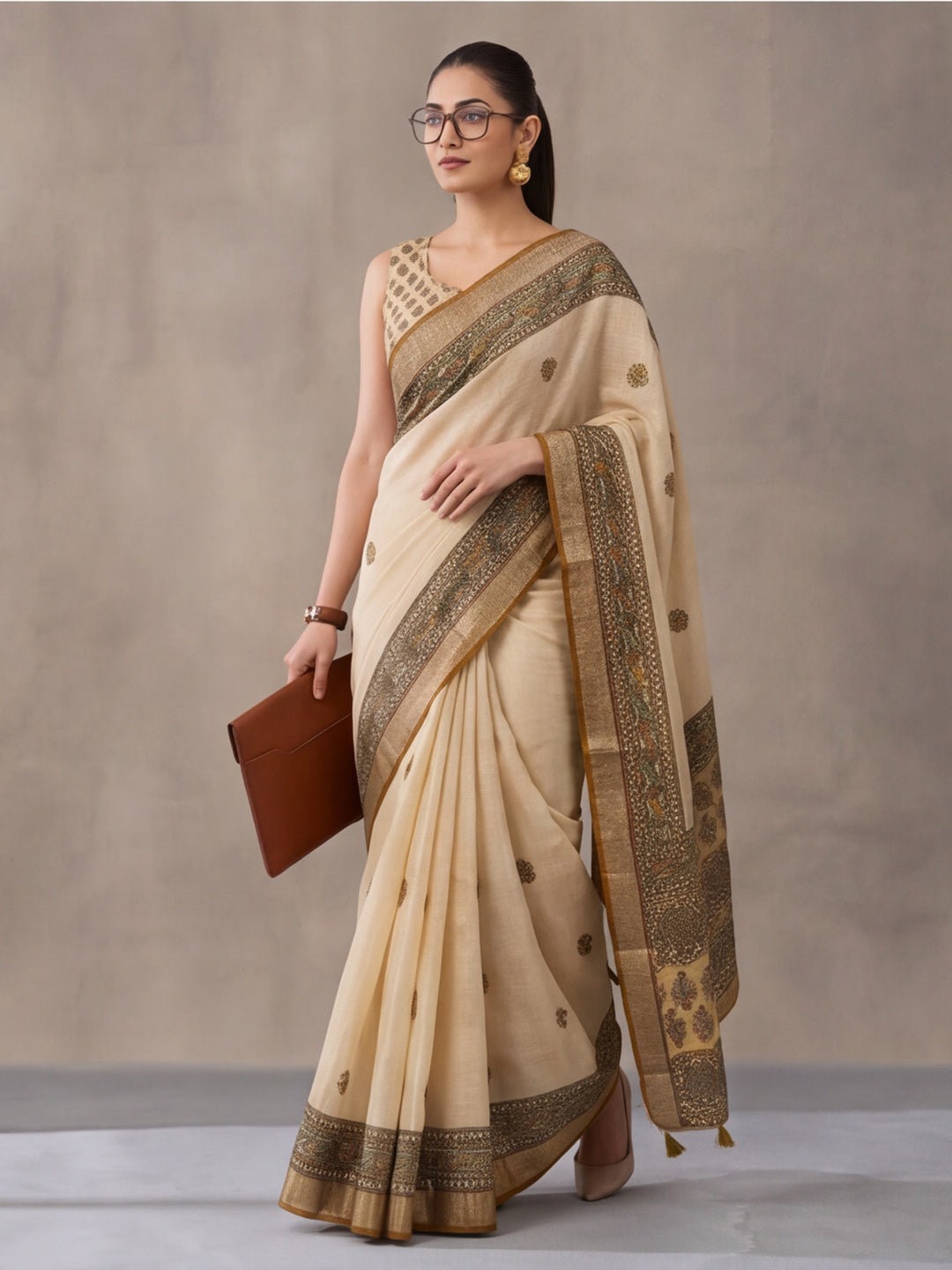 Jaipur Kurti Women Beige Digital Printed Saree With Tasselled Border