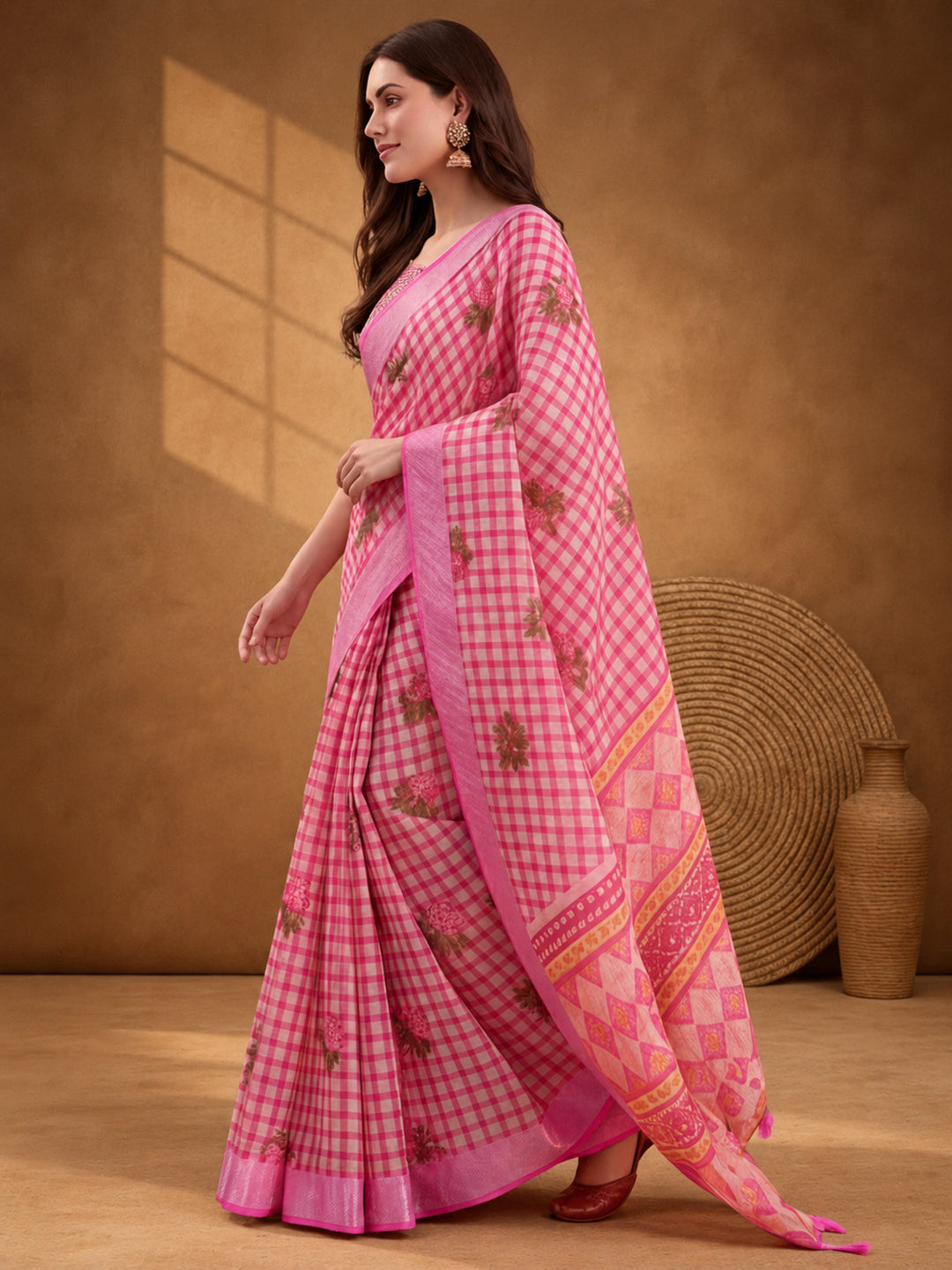 Jaipur Kurti Women Baby Pink Digital Printed Saree With Tasselled Border