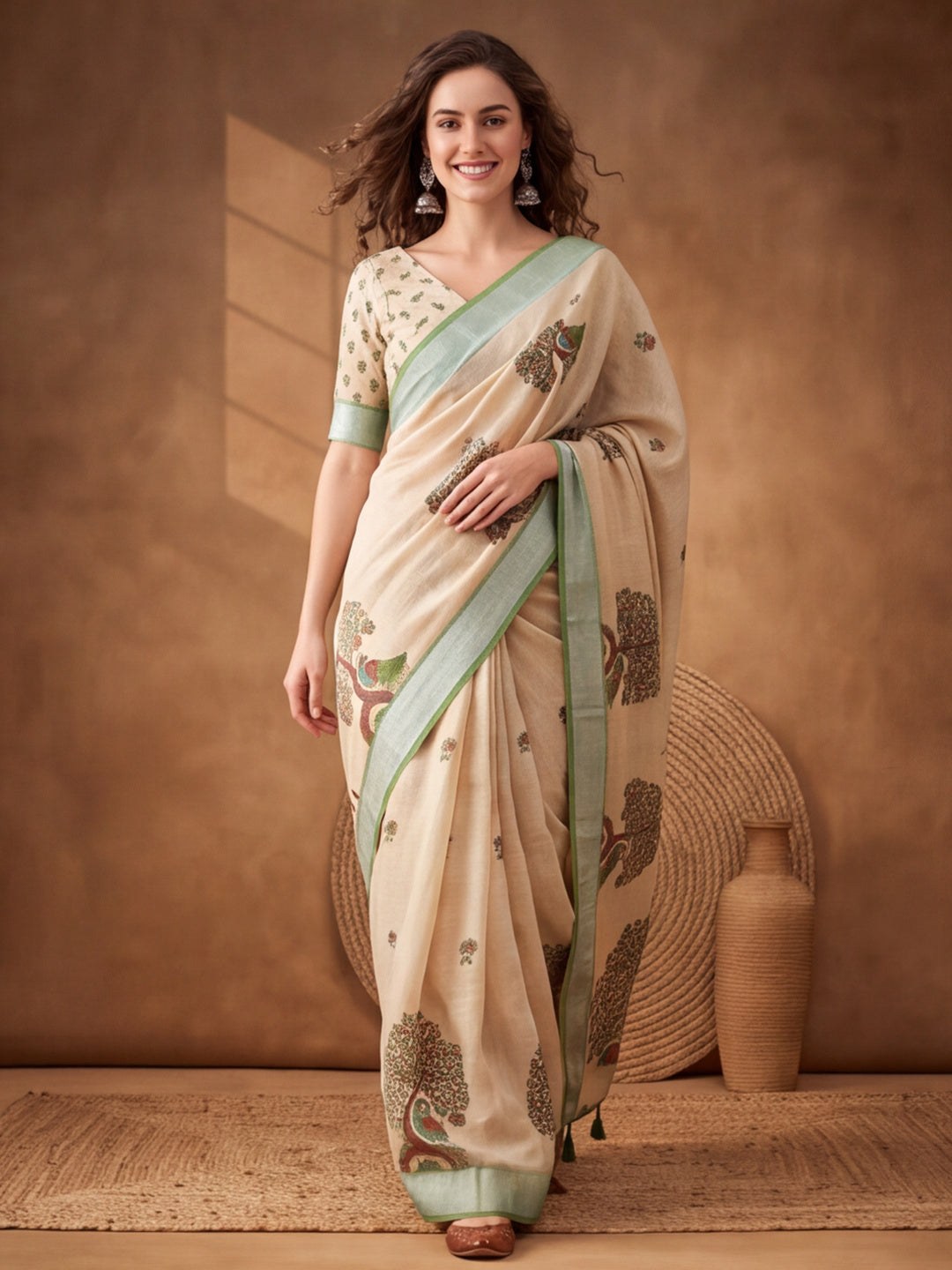 Jaipur Kurti Women Beige Digital Printed Saree With Tasselled Border