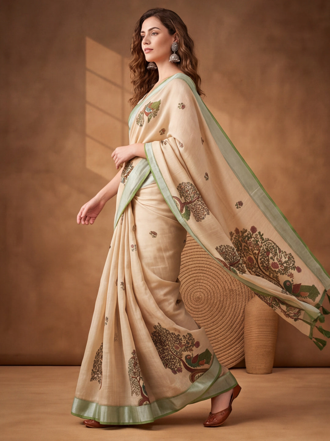 Jaipur Kurti Women Beige Digital Printed Saree With Tasselled Border
