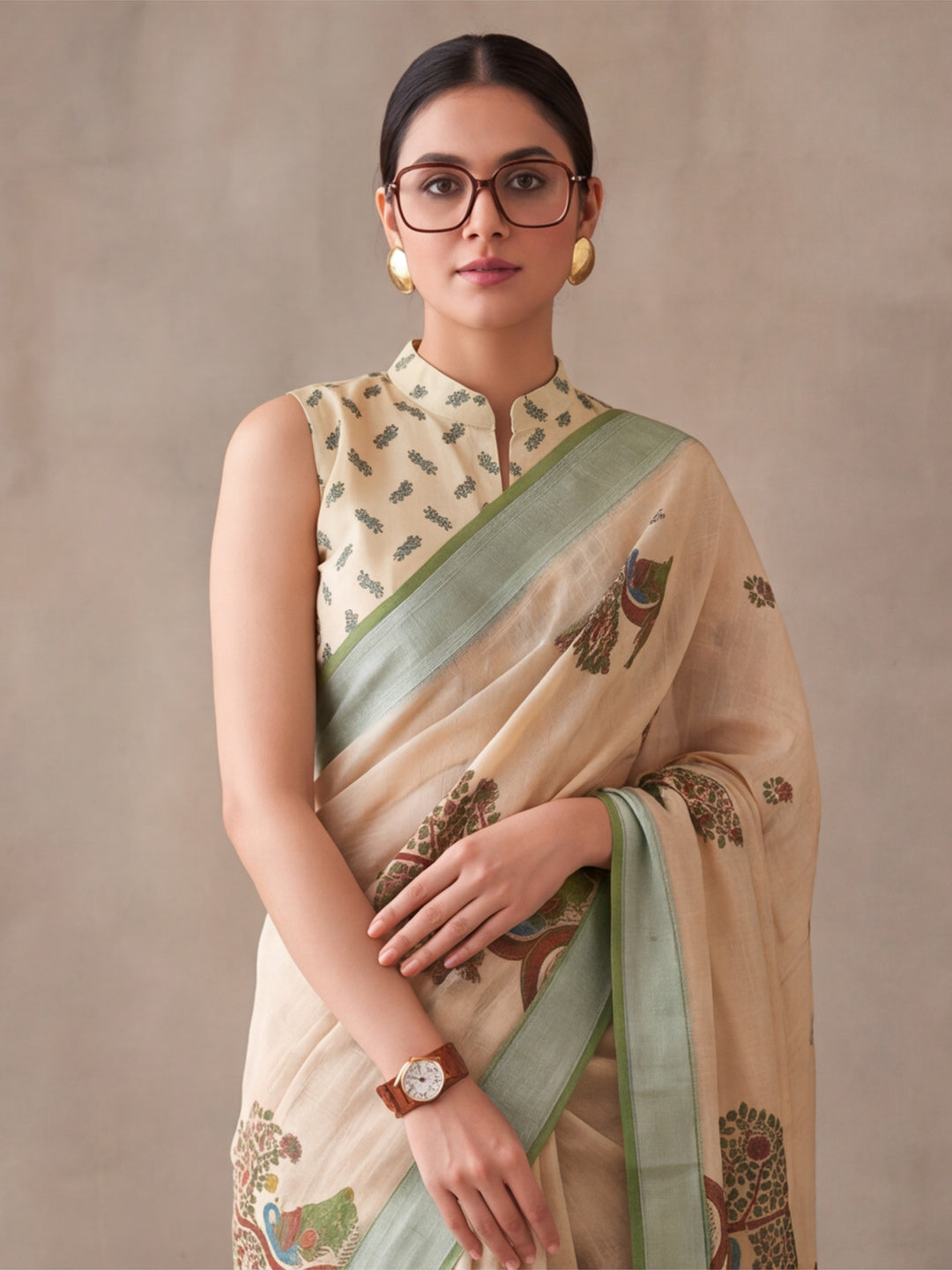 Jaipur Kurti Women Beige Digital Printed Saree With Tasselled Border